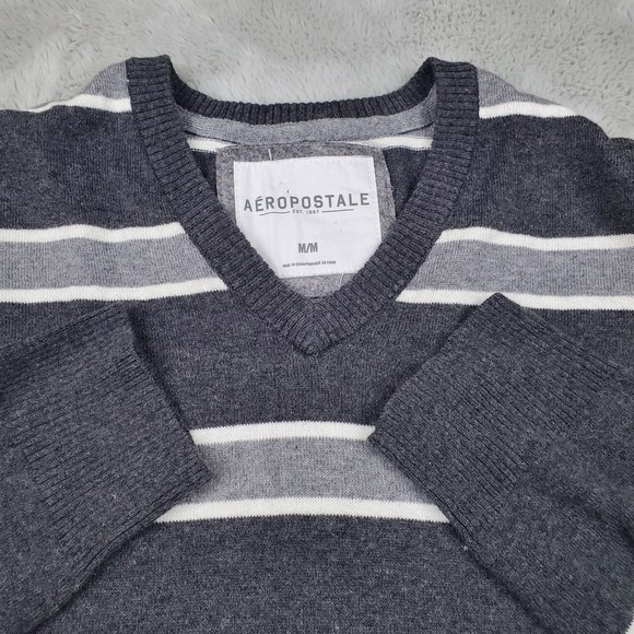 Aeropostale Cotton Wool Blend Sweater Mens Med‎ Gray Striped Long Sleeve V-Neck - Picture 1 of 7